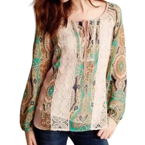 Anthropologie Meadow Rue Giada Peasant Floral Crochet Sheer Boho Top Women Sz L